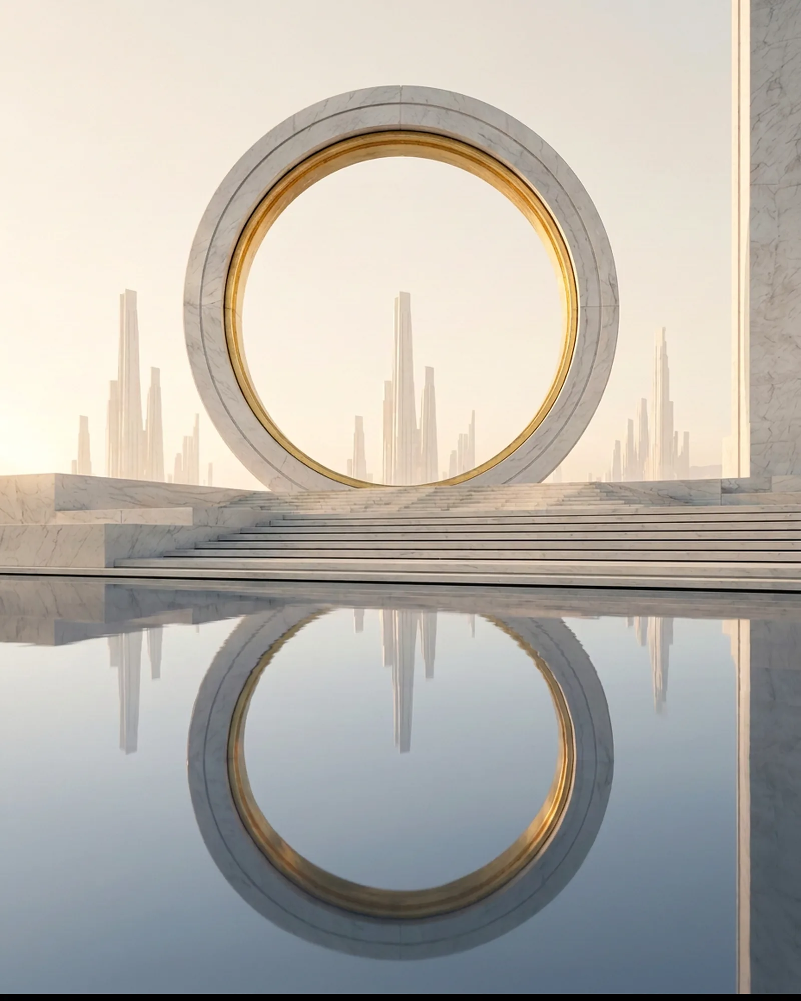 The marble ring whole against a pale dawn sky, spires behind it, the still basin below holding its reflection across the lower half.