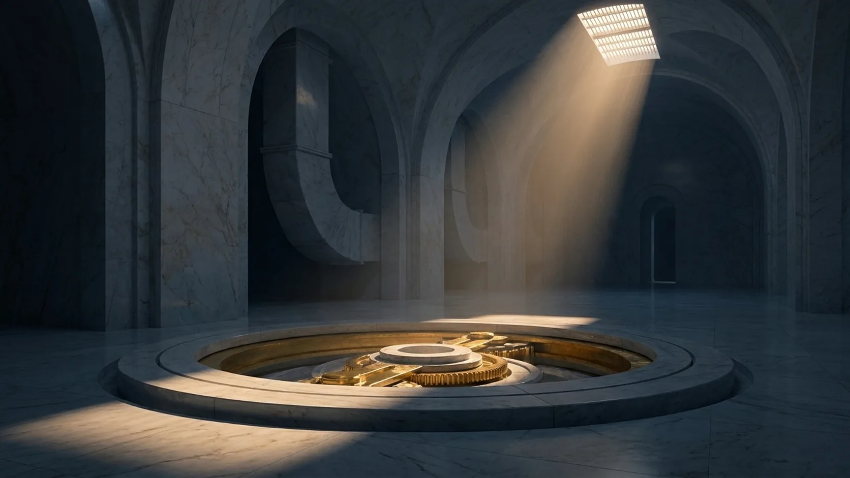 Three-dimensional rendering of a colossal arched institutional structure with tiny silhouetted figures walking curving stone roads toward a warm pillar of golden light burning at the centre of the arch.
