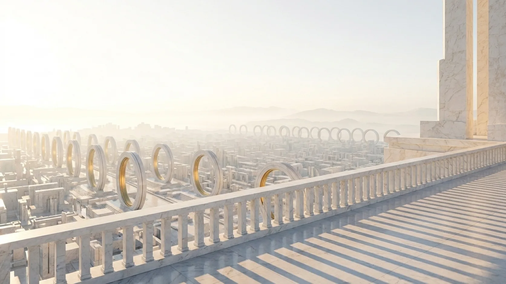 Three-dimensional rendering of an immense stone ring portal anchored above a circular reflecting basin, with slender spires rising along the misty horizon and warm light catching the basin's centre.