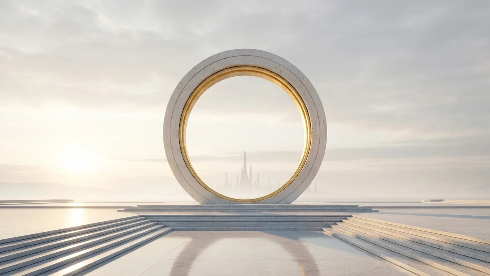 Three-dimensional rendering of a vast stone amphitheatre opening around a fractured circular portal, with the portal's split halves framing a distant city through a warm golden core.