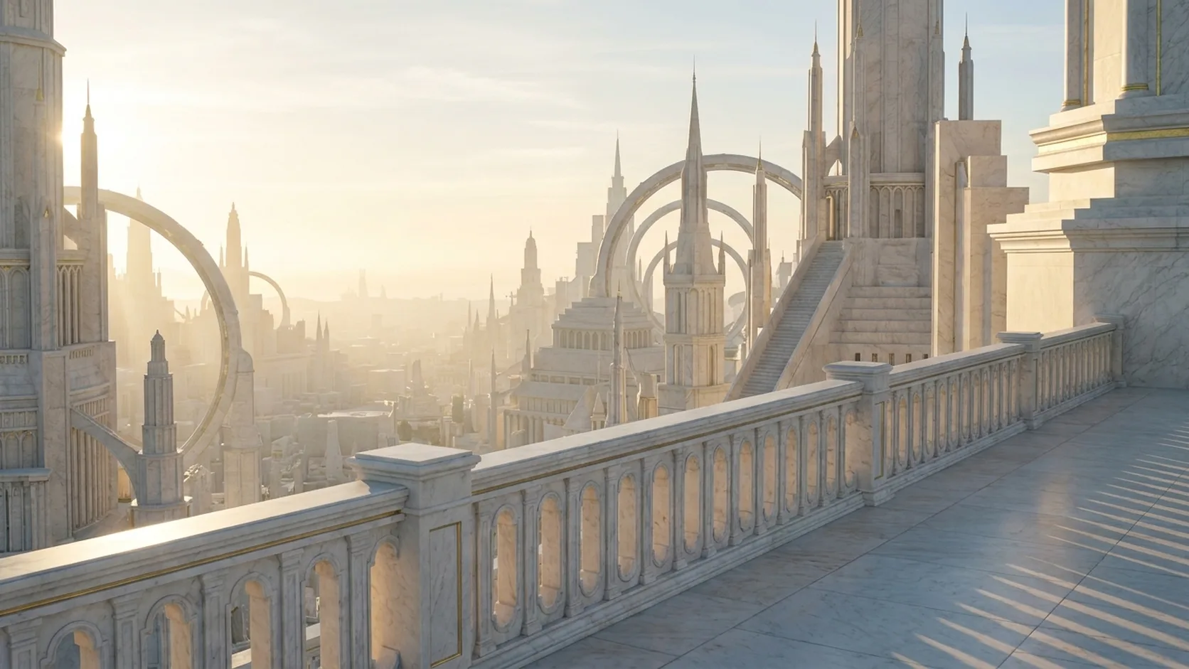 Three-dimensional rendering of an immense ring portal hovering over a wide marble platform, with a vast field of slender spires receding into the misty horizon on either side.
