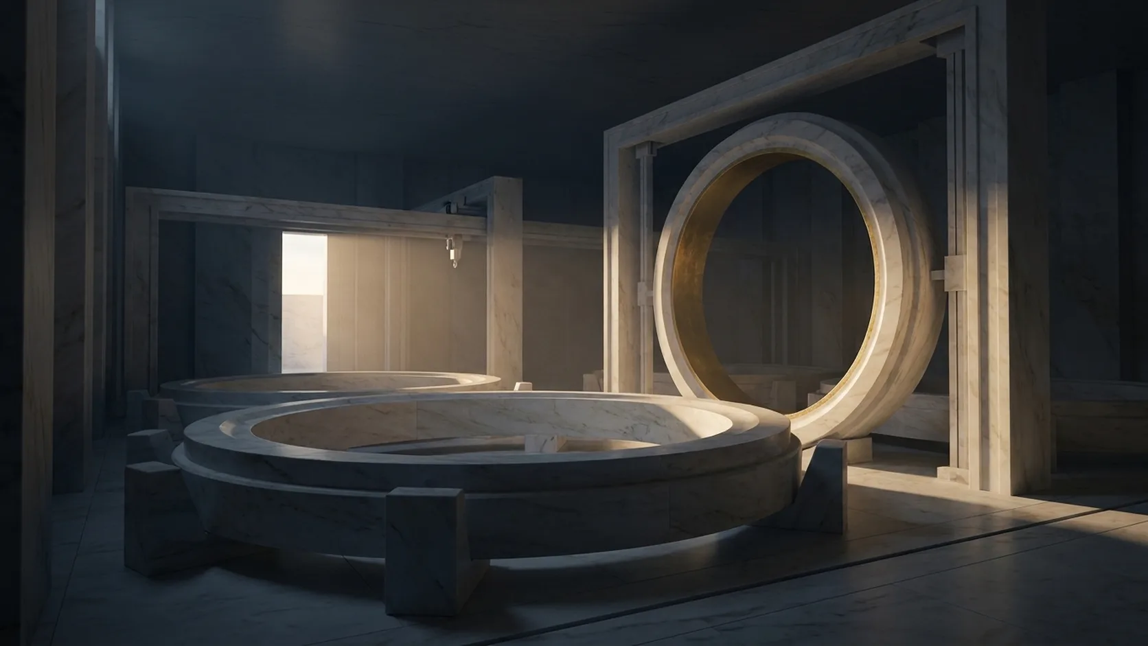 Three-dimensional rendering of a classical archway whose left half is drawn as a translucent wireframe schematic and whose right half is finished marble, joined down the centre by a warm golden seam of light.