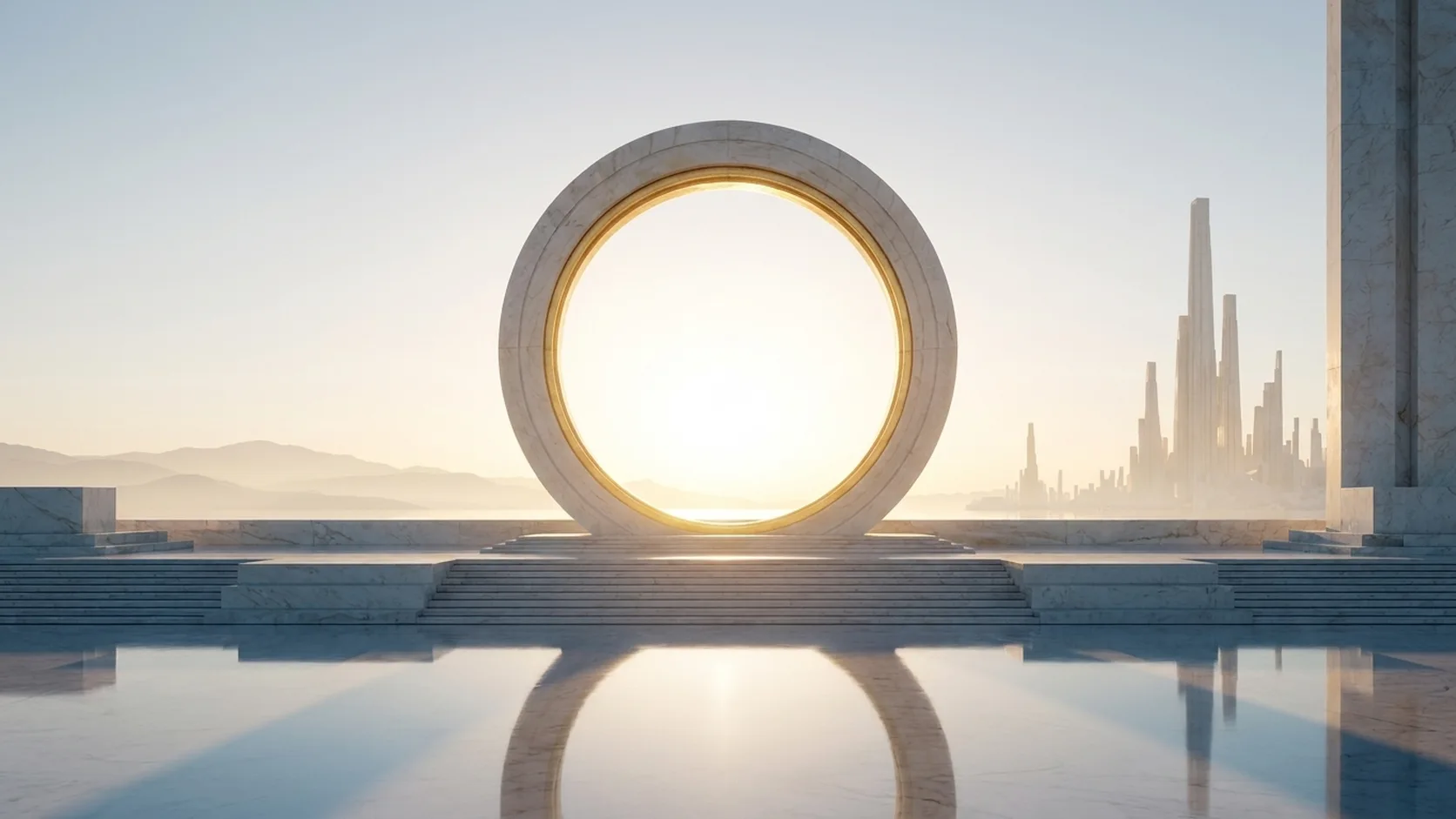 Three-dimensional rendering of two parallel marble paths converging across a still reflecting plain toward a distant ringed portal anchored within a futuristic skyline.