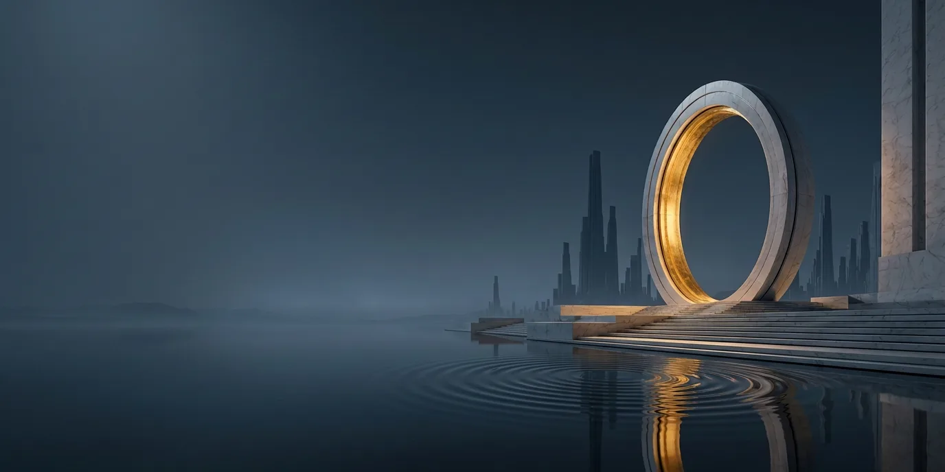 The hero's frame at night: the ring lit gold against the deep blue-grey sky, its reflection in the black water bent by ripples, the spires as faint silhouettes.